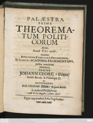Palaestra Prima Theorematum Politicorum