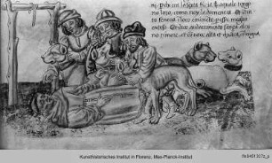 Oddi, Specchio de l'Ordene (La Franceschina) : Textseite mit zwei Illustrationen : Hunde weigern sich, die Leiche des Fra' Martino zu zerreißen