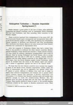 Subjugated Turkestan — Russian Imperialist Spring-board