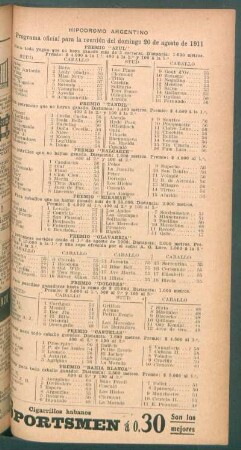Hipódromo Argentino - Programa oficial para la reunión del domingo 20 de agosto de 1911