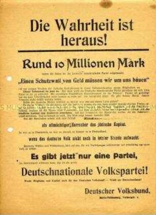 Propagandablatt des Deutschen Volksbundes mit antisemitischer Polemik gegen DDP und Mitgliederwerbung