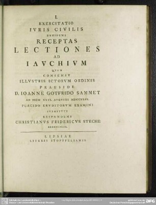 I. Exercitatio Iuris Civilis Exhibens Receptas Lectiones Ad Iauchium