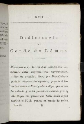 Dedicatoria al Conde de Lémos.