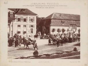 Prunkwagen aus Grünwinkel beim Jubiläums-Festzug zum 70. Geburtstag des Großherzogs Friedrich I. von Baden vor dem Karlsruher Schloss