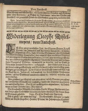 Widerlegung Cleophe Distelmeyers/ vom Antichrist.
