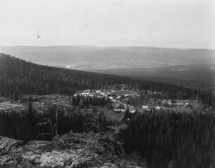 Siedlung im Tal : Blick über ein bewaldetes Tal auf eine Siedlung