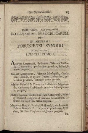 Dominorum Patronorum Ecclesiarum Evangelicarum, Qui In Generali Toruniensi Synodo Interfuerunt, Subscriptiones.