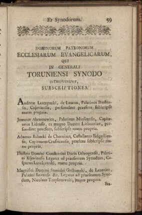 Dominorum Patronorum Ecclesiarum Evangelicarum, Qui In Generali Toruniensi Synodo Interfuerunt, Subscriptiones.
