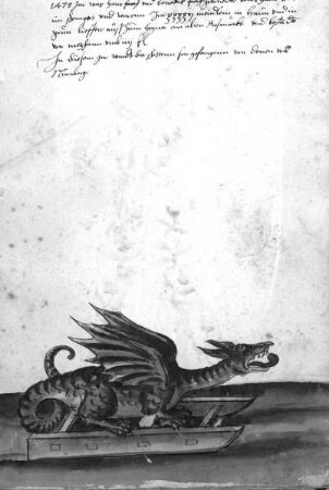 Schembarthandschrift (Texte und Bilder zum Nürnberger Fastnachtswesen) — Bildseite: Drachen (Umzugswagen Anno 1475)