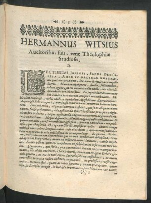 Hermannus Witsius Auditoribus suis, verae Theosophiae Studiosis