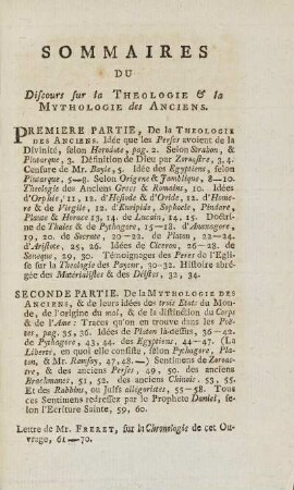 Sommaires Du Discours sur la Theologie & la Mythologie des Anciens.