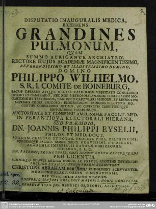 Disputatio Inauguralis Medica, Exhibens Grandines Pulmonum : Die XXIII.Iulii Anno MDCCXV. Auditorio Maiori Collegii Maioris. Horis Consuetis