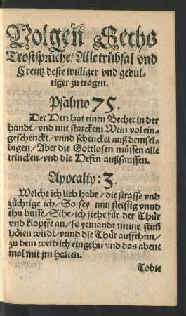 Volgen Sechs Trostsprüche/ Alle trübsal und Creutz deste williger und gedultiger zu tragen.