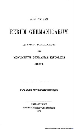 Annales Hildesheimenses : in usum scholarum ex Monumentis Germaniae Historicis recusi