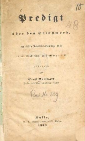 Predigt über den Selbstmord : ... 1846 in der Stadtkirche zu Freiburg a. d. O. gehalten