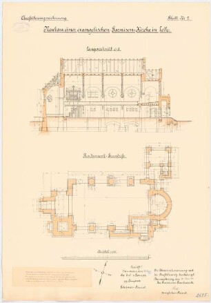Evangelische Garnisonskirche, Celle: Grundriss Fundamente, Längsschnitt 1:100