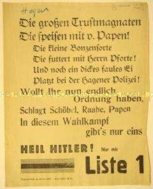 Plakativer Wahlaufruf der Nationalsozialisten zur Unterstützung Adolf Hitlers gegen Schöbel, Raab und Papen