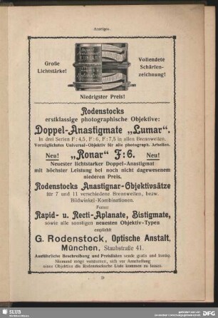 Rodenstocks erstklassische photographische Objektive: Doppel-Anastigmate "Lumar"