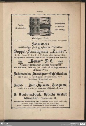 Rodenstocks erstklassische photographische Objektive: Doppel-Anastigmate "Lumar"