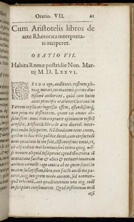 Cum Aristotelis libros de arte Rhetorica interpretari inciperet. Oratio VII.