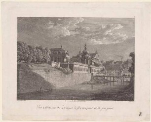 Dresden, der Zwingergraben mit Holzbrücke nach Südosten mit Blick auf die Altstadt, aus Rittners Dresden mit seinen Prachtgebäuden um 1810