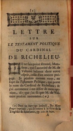 Lettre sur le Testament politique du Cardinal de Richelieu