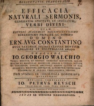 Diss. inaug. de efficacia naturali sermonis generatim spectati, et speciatim, verbi divini