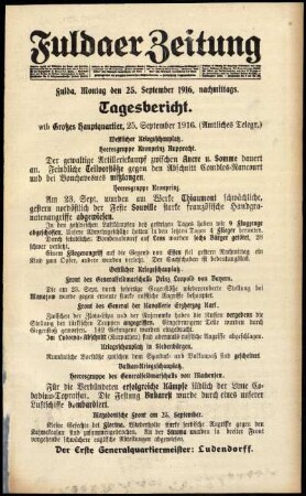 Zweite Ausgabe vom Montag, den 25. September 1916.