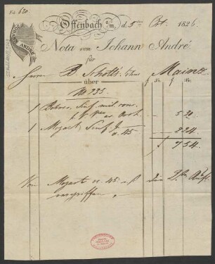[Rechnung] Nota : 05.10.1826