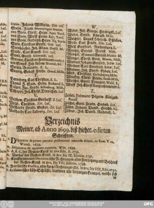 Verzeichnis Meiner, ab Anno 1699. biß hierherm edirten Schrifften.
