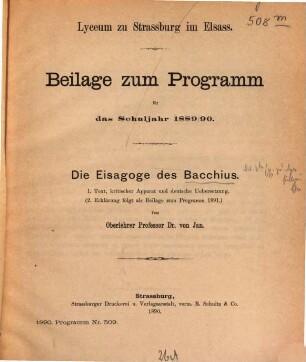 Die Eisagoge des Bacchius. 1, Text, kritischer Apparat und deutsche Uebersetzung