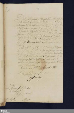 18k: Brief Fr. L. Chr. v. Solms-Laubachs an A. W. Schlegel; dat. Coelln, 12.08.1819.