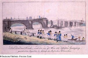 Die Dresdner Brücke, nach der am 19. März 1813 erfolgten Sprengung; gezeichnet im Augenblick der Ankunft des Rußischen Parlementairs
