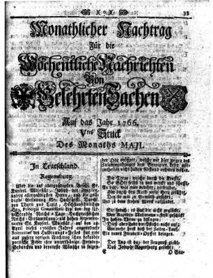 Monathlicher Nachtrag [...] Auf das Jahr 1766 Vtes Stuck Des Monaths Maji