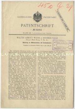 Patentschrift einer Neuerung an Mähmaschinen mit Garbenbinder, Patent-Nr. 52952
