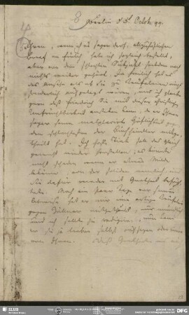 Eigenh. Brief von Friedrich Schleiermacher an August Wilhelm von Schlegel, Berlin, 05.10.1799