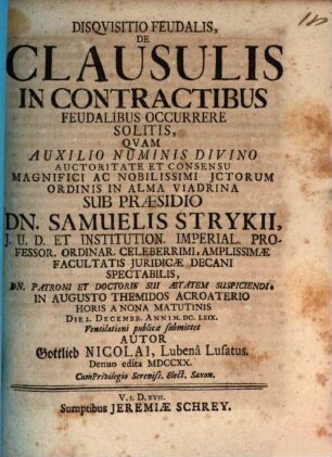Disquisitio de clausulis in contractibus feudalibus occurrere solitis