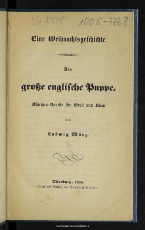 Eine Weihnachtsgeschichte : die große englische Puppe, Märchen-Novelle für Groß und Klein