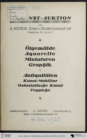 Ölgemälde hervorragender alter und moderner Meister, Aquarelle, Handzeichnungen, wertvolle Miniaturen, Graphik, Antiquitäten, Kunstmobiliar, ostasiatische Kunst, Teppiche : Versteigerung: Freitag, 4. Mai und Samstag, 5. Mai 1923 (Katalog Nr. 35)
