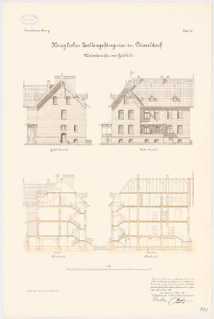 Zellengefängnis, Düsseldorf Wohnhaus für zwei Geistliche: Längsansicht und Querschnitt, Giebelansicht, Vorderansicht 1:100