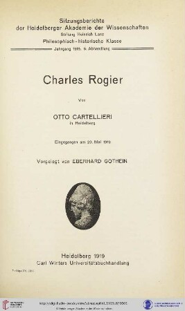 1919, 6. Abhandlung: Sitzungsberichte der Heidelberger Akademie der Wissenschaften, Philosophisch-Historische Klasse: Charles Rogier