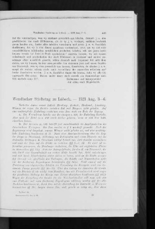 Wendischer Städtetag zu Lübeck. -- 1523 Aug. 3-6.