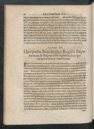 Caput XII. Quo pacto Antichristus Regalia Imperatorum & Regum ad se rapuerit, & in specie de Investitura Clericorum