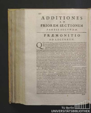 Additiones Ad Priorem Sectionem Partis Secundae. Praemonitio Ad Lectorem.