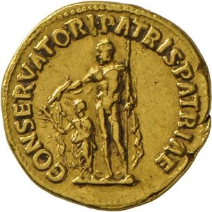Aureus des Trajan mit Darstellung des von Jupiter beschützten Kaisers