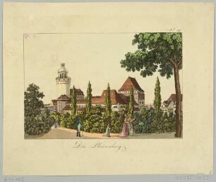 Die Pleißenburg im Südwesten von Leipzig mit der Sternwarte von der Promenade aus, aus Schwarz’ Romantischem Gemälde von Leipzig 1804 bei Tauchnitz