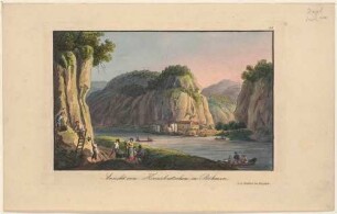 Das Elbtal mit Herrnskretschen (Hřensko, Tschechien) in der Böhmischen Schweiz nach Nordosten, mit der Mündung der Kamnitz vor dem Herrenhaus und Felsen