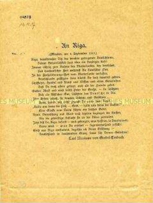 Flugblatt mit Gedicht zur Glorifizierung Rigas