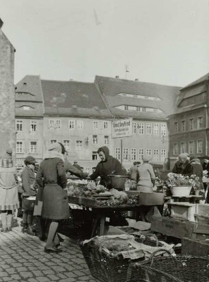 Wochenmarkt auf dem Fleischmarkt in Bautzen, Marktstand eines Gartenbaubetriebes aus Jenknitz