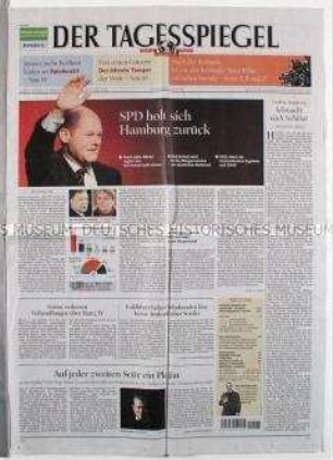 Tageszeitung "Der Tagesspiegel" zum. Wahlsieg der SPD in Hamburg